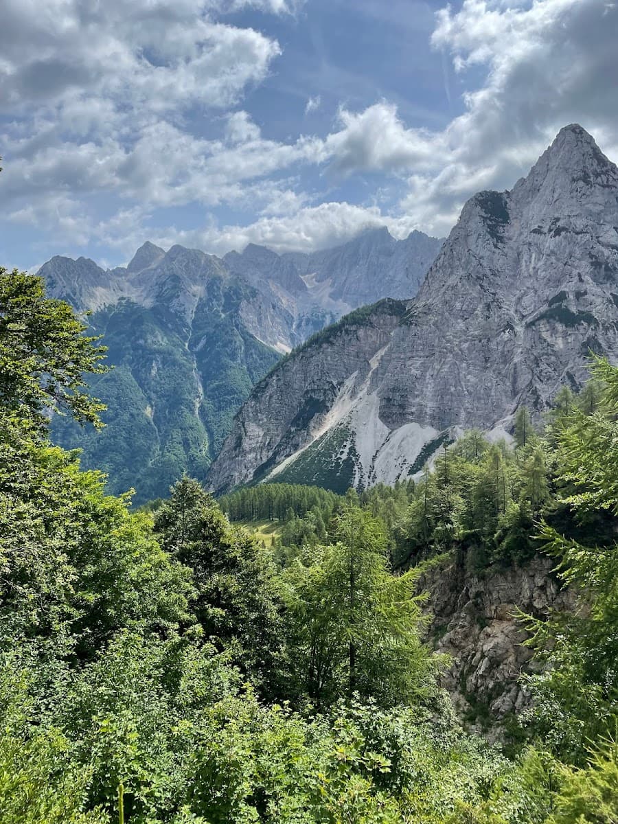 Rugged mountains rise above lush green forest canopy under a cloudy blue sky.
