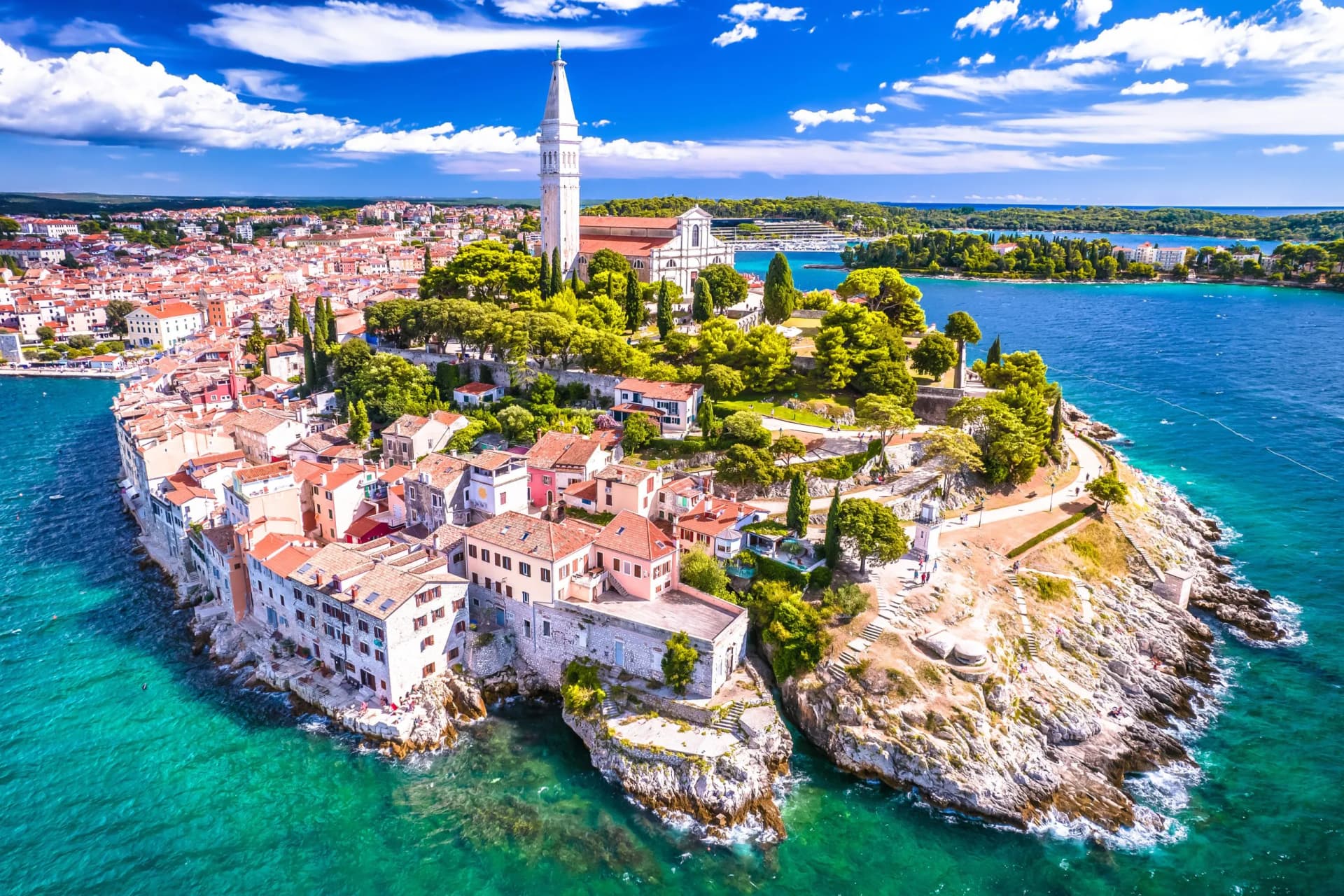 Rovinj old town aerial panoramic view