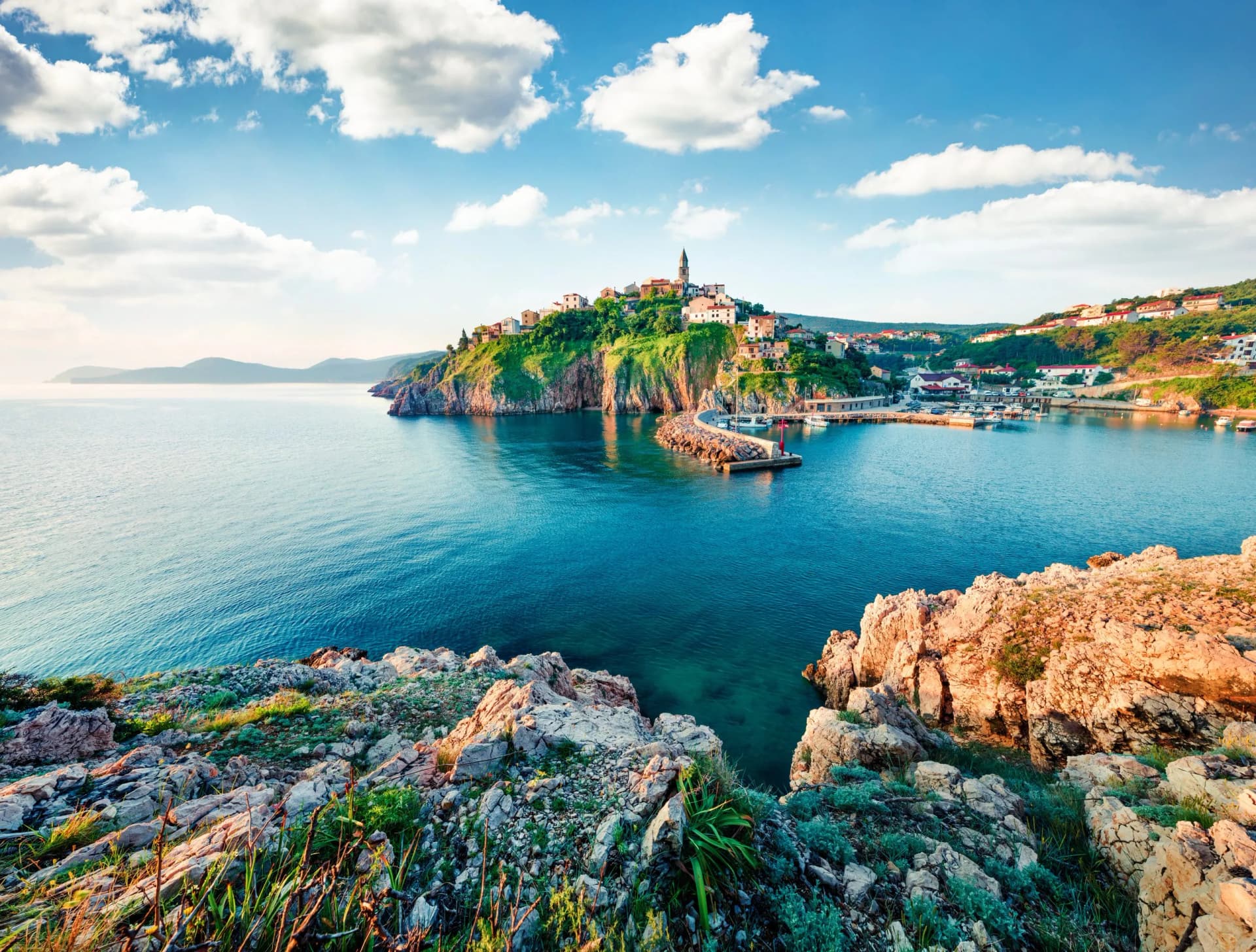 Exciting morning cityscape of Vrbnik town. Splendid summer seascape of Adriatic sea, Krk island, Kvarner bay archipelago, Croatia, Europe. Beautiful world of Mediterranean countries.