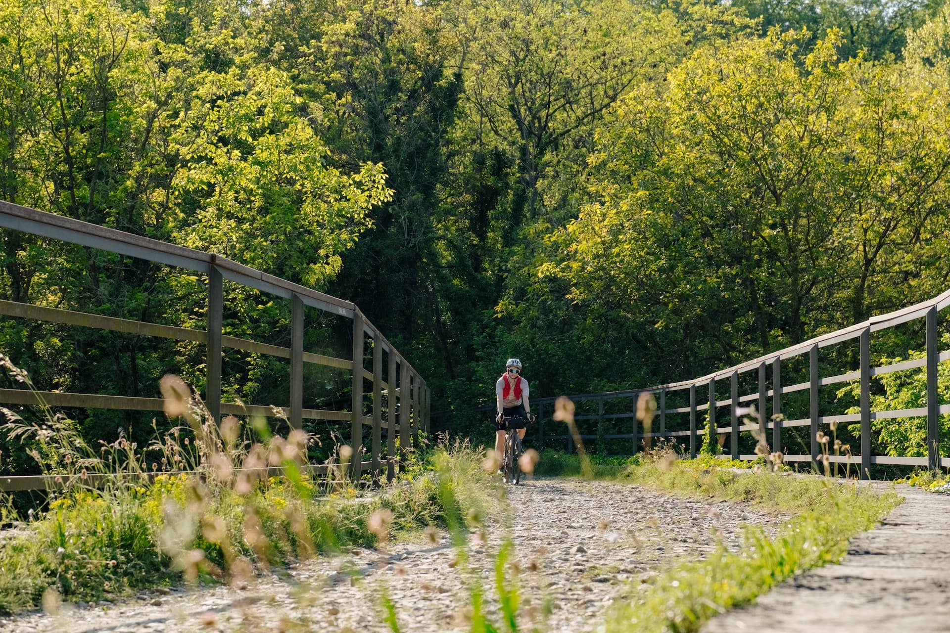 Cyclist riding on a gravel bridge with wooden railings surrounded by lush green forest.