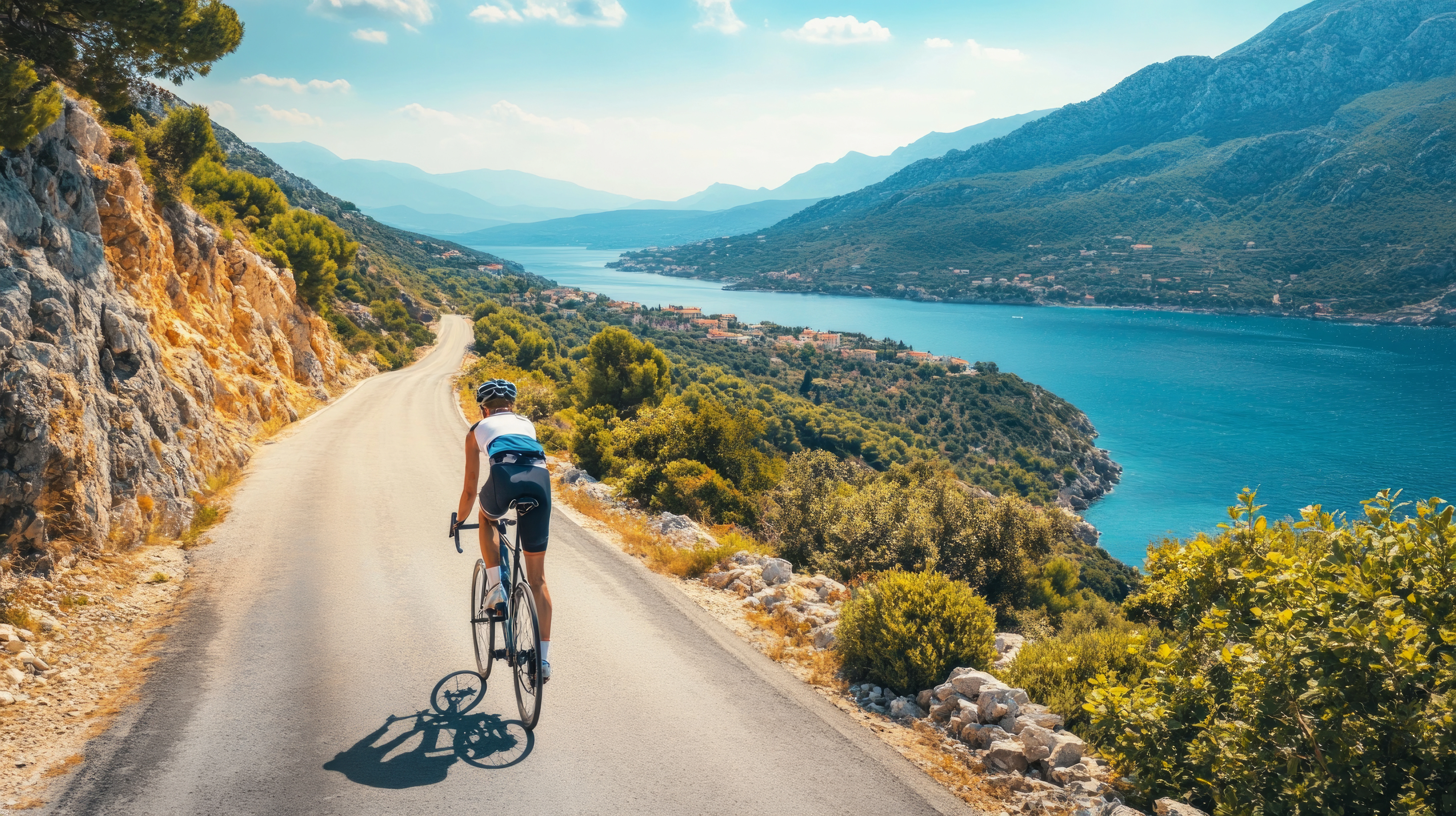 Cyclist riding on scenic coastal road in croatia