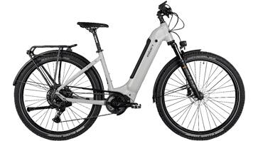 Light gray electric mountain bike with a rear rack and front suspension.
