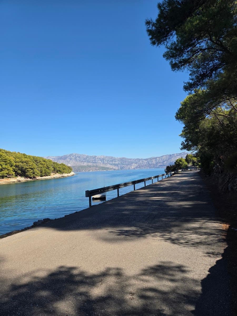 Paved coastal path along blue sea with mountains and pine trees