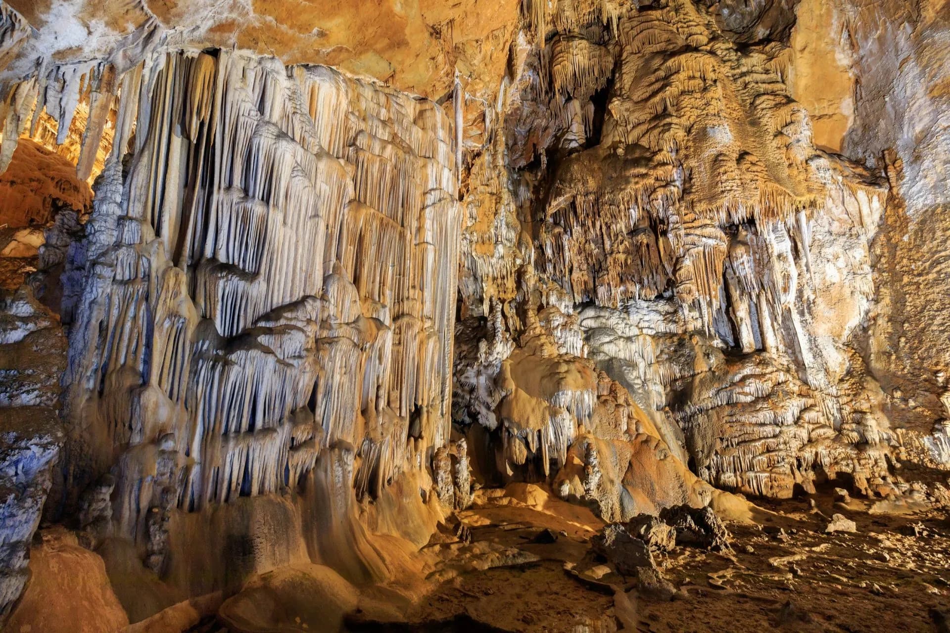 Stalactites and flowstone formations inside a cave in Paklenica National Park.