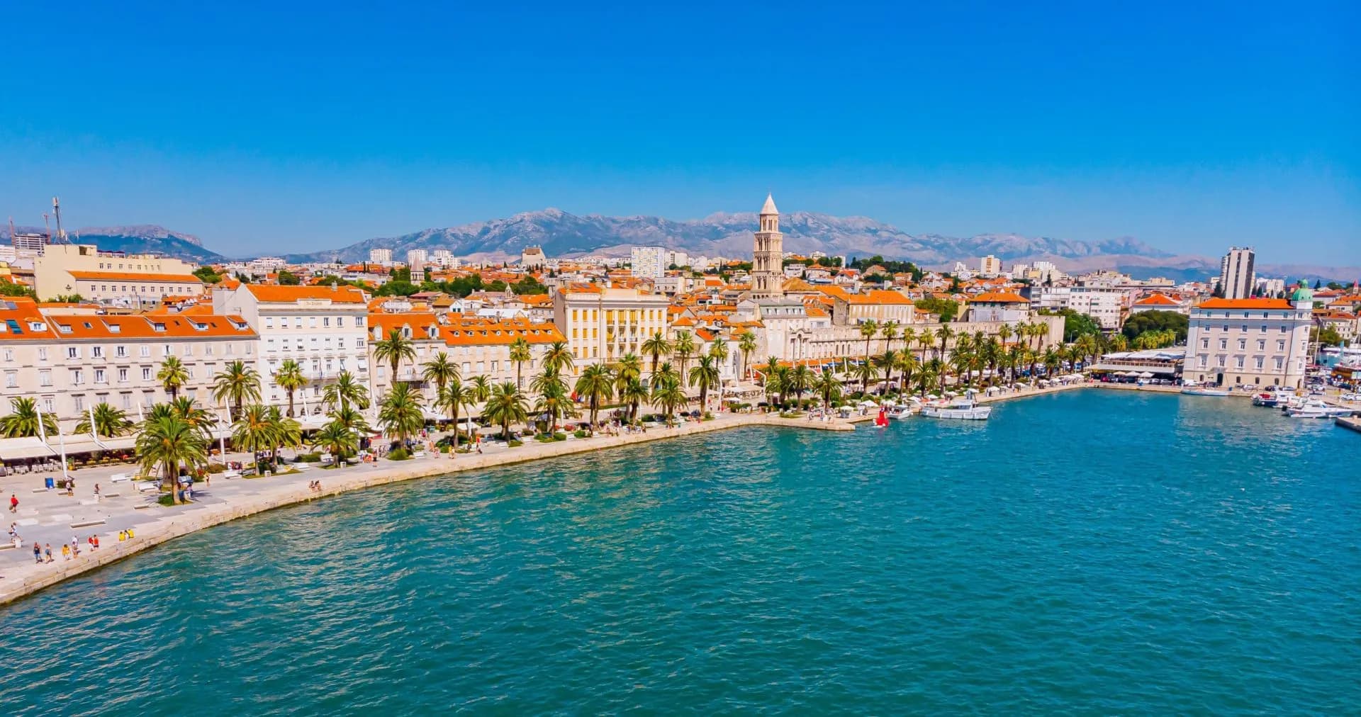 Coastal city waterfront with palm trees, orange roofs, bell tower, and mountains in background