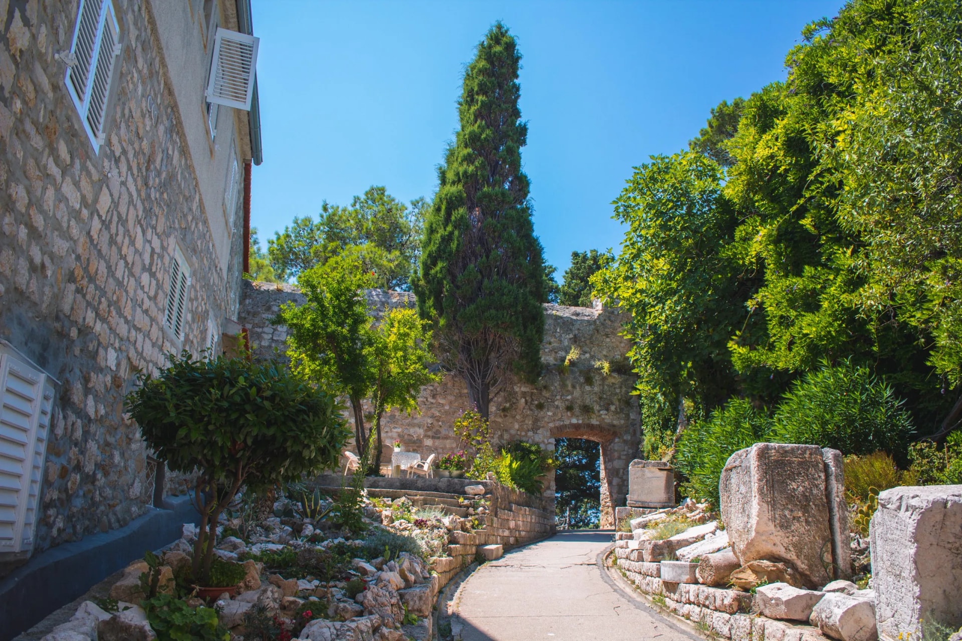 Small garden at Komrcar park in Rab town on Rab island in Croatia