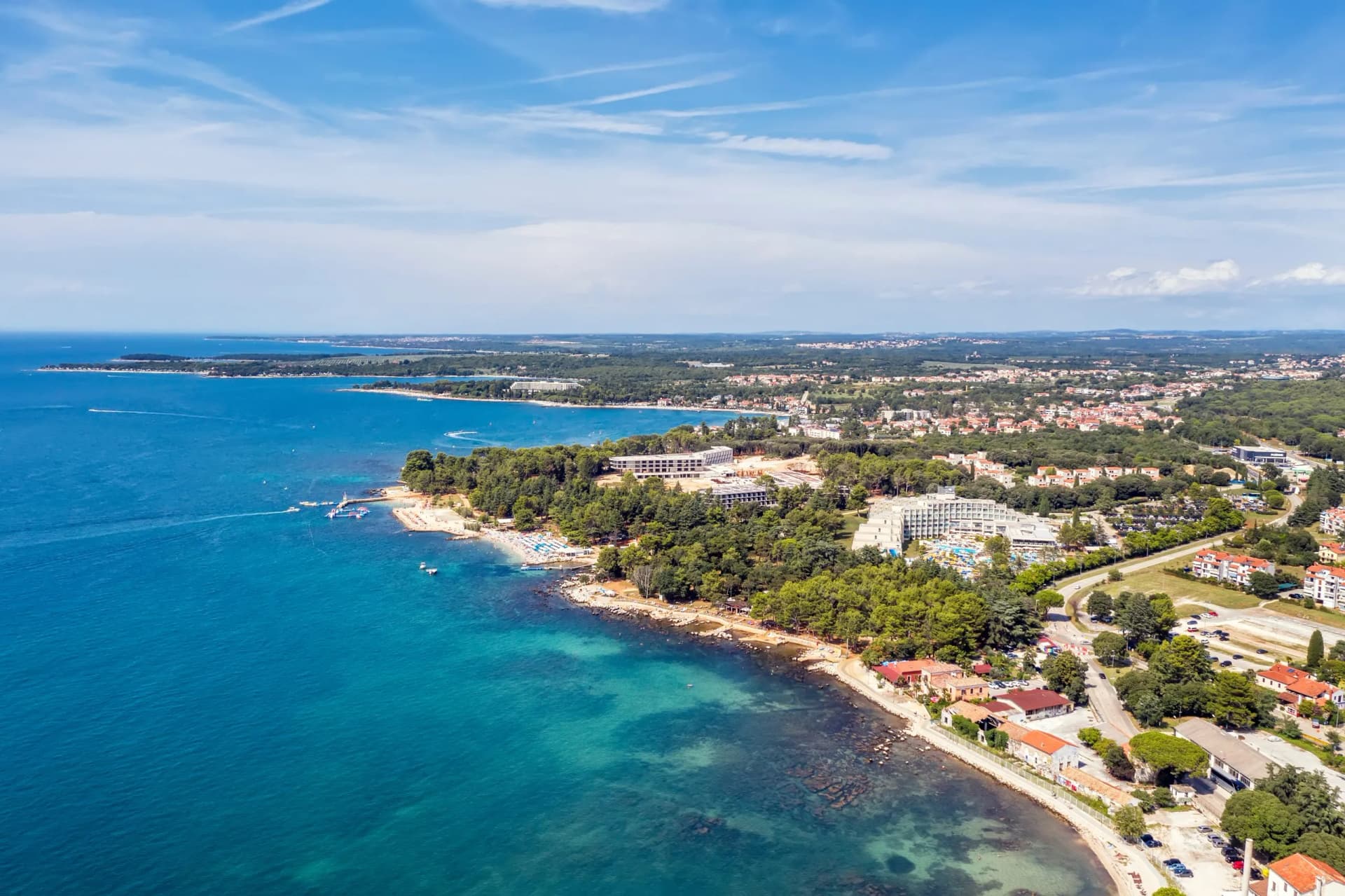 An aerial view of coastline and beaches in Porec, Istria, Croatia