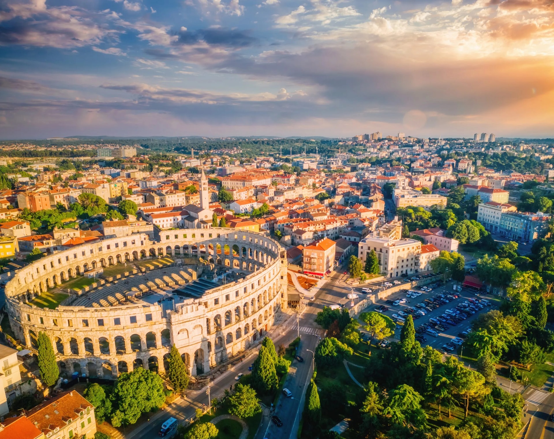 Splendid view at famous european city of Pula and arena of roman time.