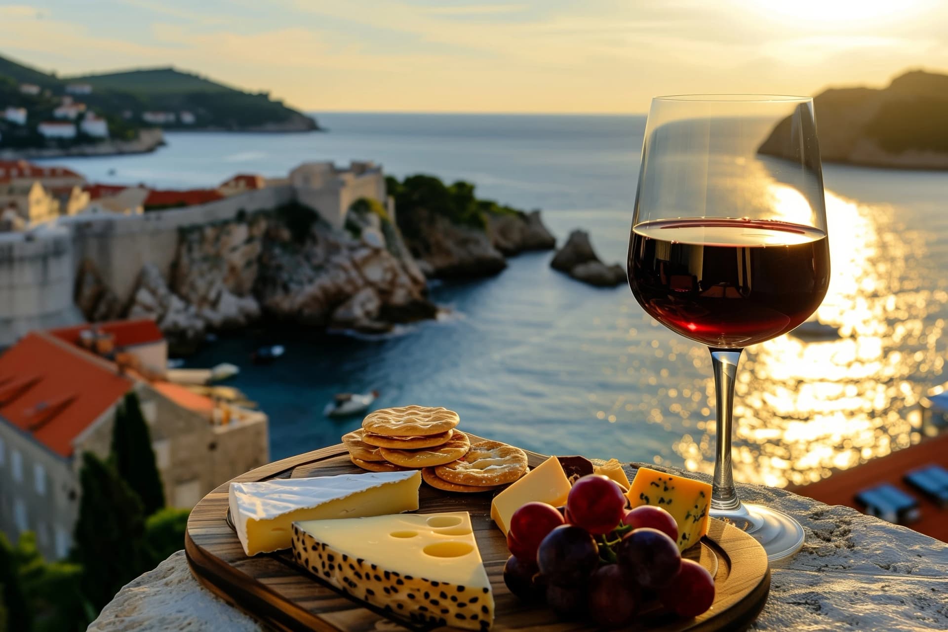 Gourmet Cheese Platter with Plavac Mali Red Wine Overlooking a Serene Mediterranean Seascape
