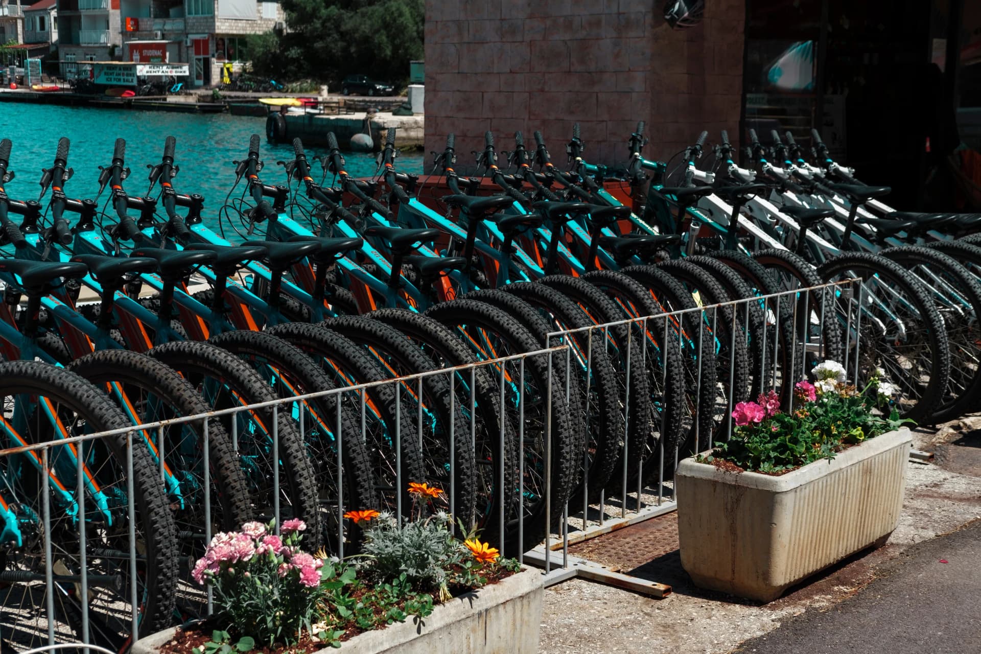 Mljet Island, National park, Polace village, Croatia - 19 May 2023 : bikes for rent in a row for tourists trip