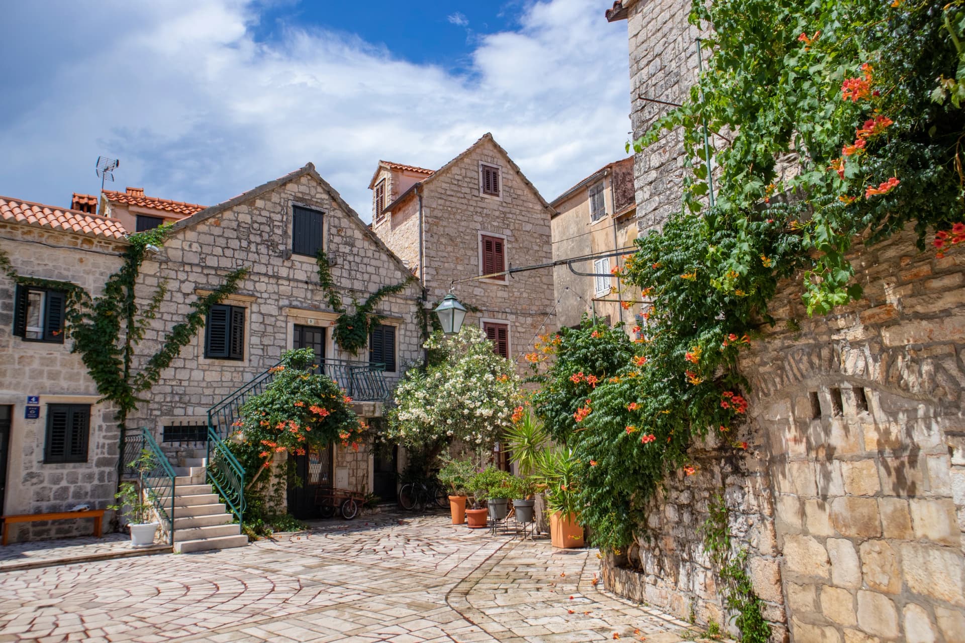 Stari grad/Croatia-August 5th,2020: Beautiful traditional stone houses at the Stari Grad, oldest town on Hvar island, populat tourist destination
