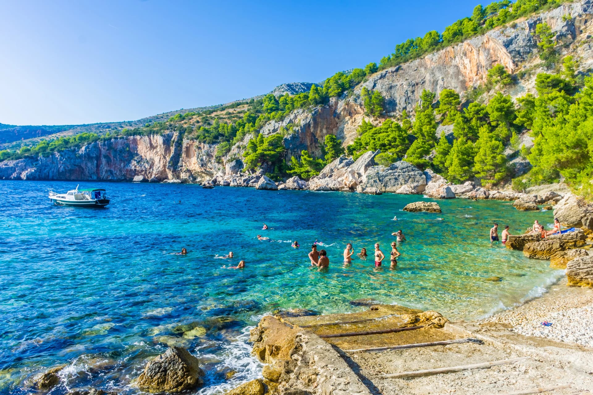 HVAR, CROATIA, AUGUST 8 2019: Tourists enjoying the Malo Zarace Beach