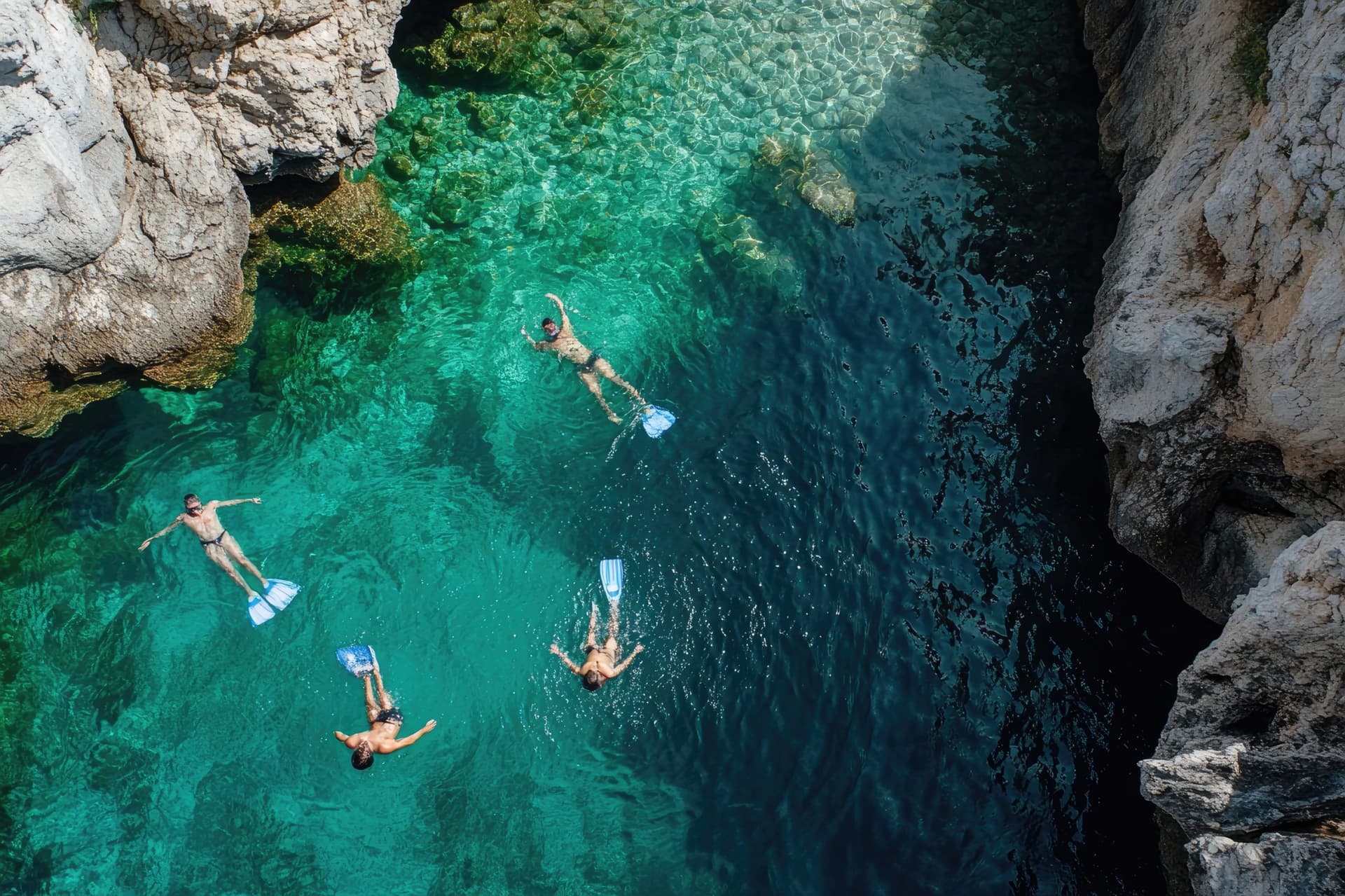 Tourists snorkeling in crystal clear water between cliffs in aerial view