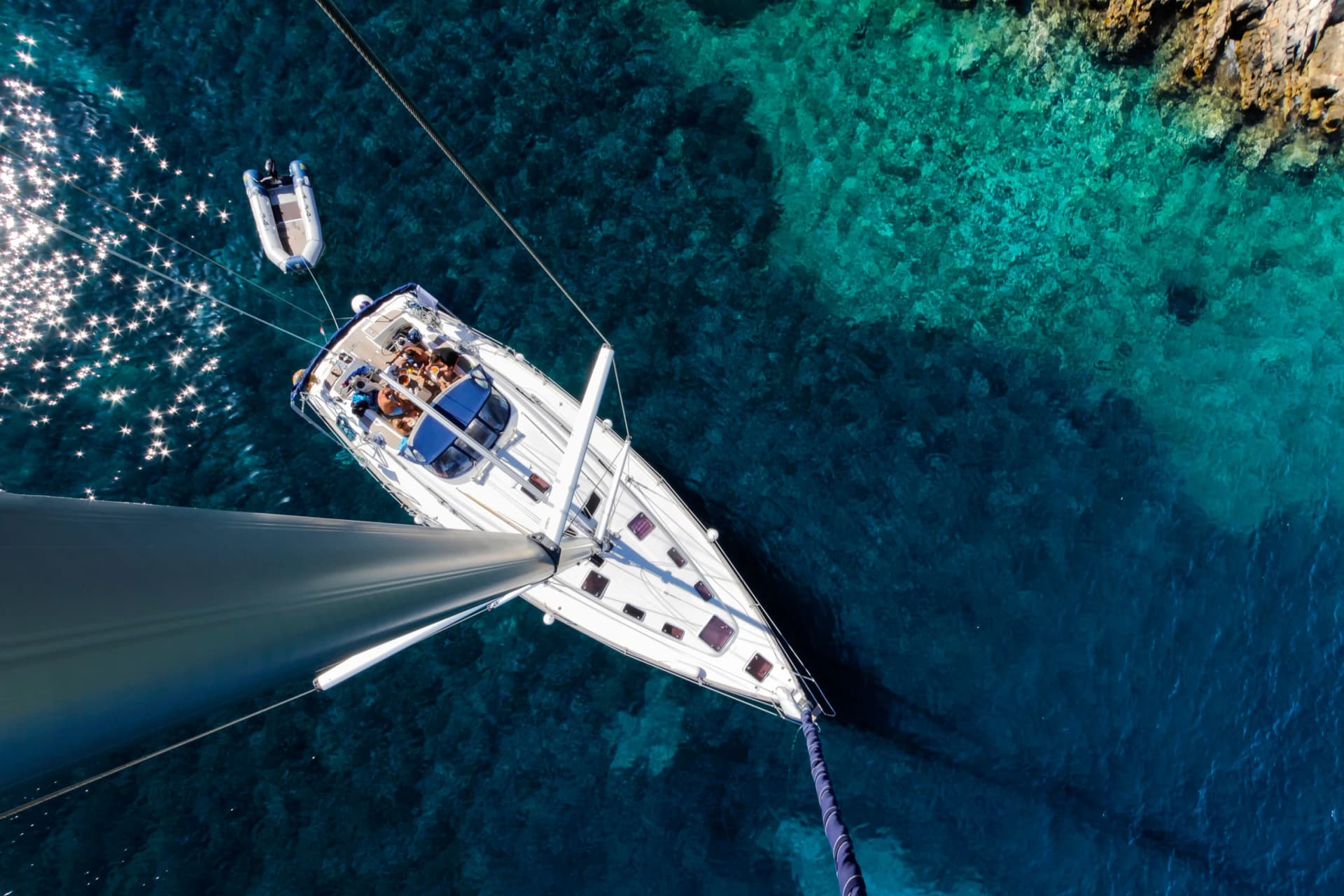 Aerial view of sailboat yacht charter on adriatic sea, croatia islands