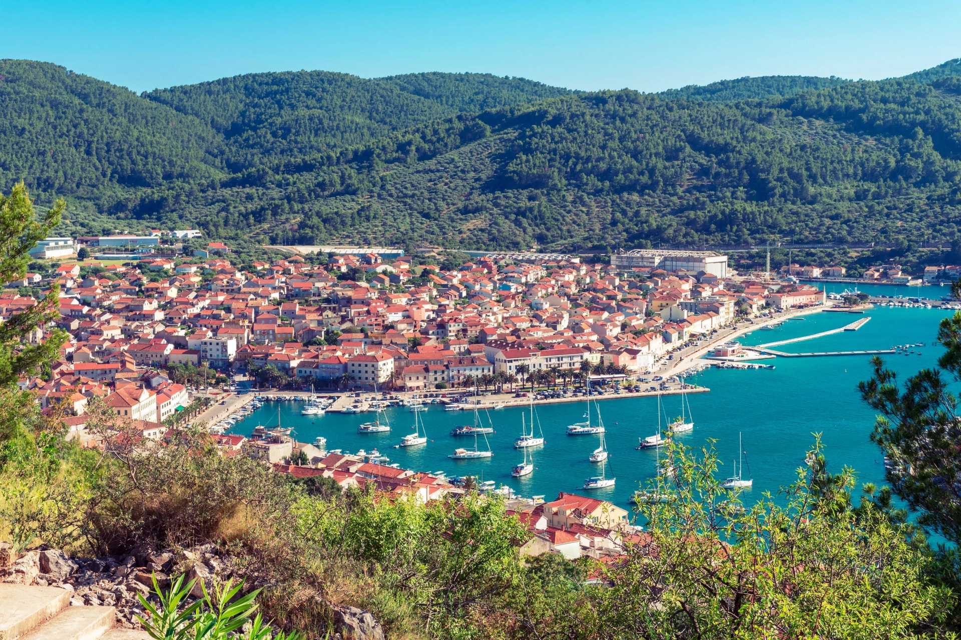 Bay of Vela Luka on the island of Korcula, aerial view, Croatia